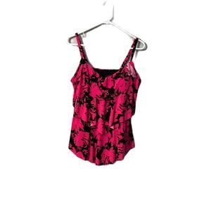 Pink and Black Asymmetrical Ruffled Camisole Bikini